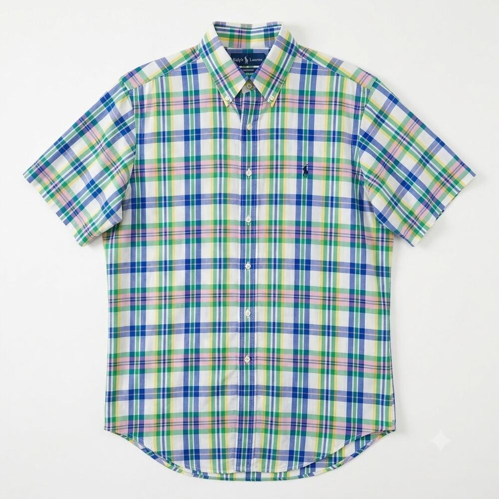 Ralph Lauren Classic Fit Short Sleeve Poplin Shirt Multi Plaid Preppy Mens Large